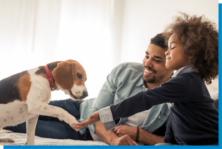 Child and father smiling while playing with their dog on the bed